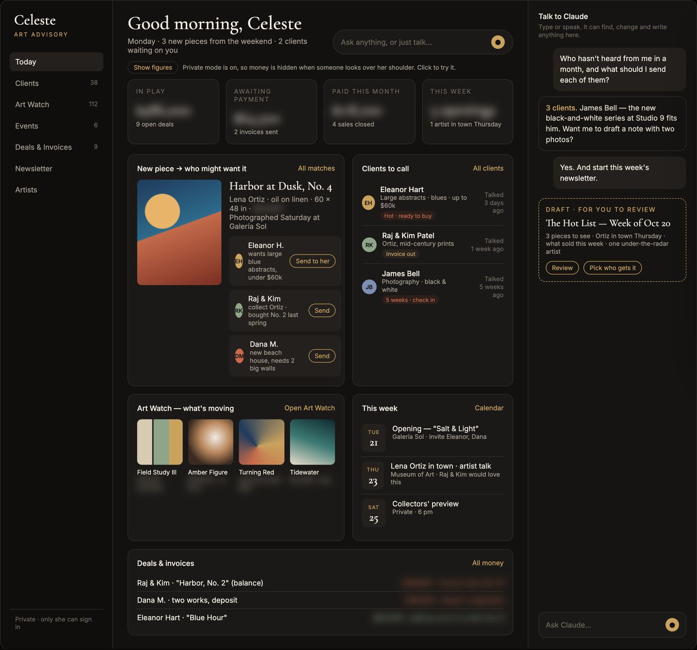 Design mockup of a private client dashboard for an art advisor, with made-up names and hidden figures